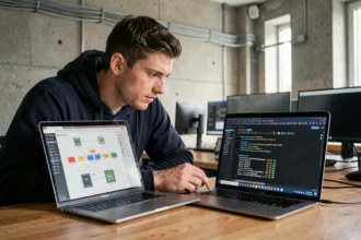 Ingénieur logiciel comparant les performances ARM et x86 sur deux ordinateurs portables dans un bureau moderne