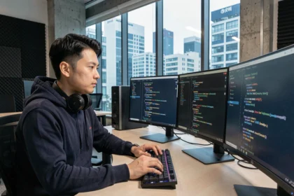 Ingénieur informaticien asiatique travaillant sur plusieurs écrans de code dans un bureau technologique moderne à Séoul
