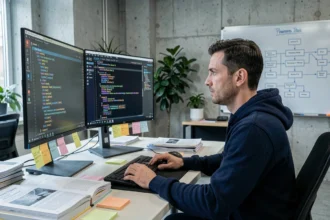 Ingénieur logiciel concentré devant plusieurs écrans affichant des configurations Kubernetes complexes dans un bureau moderne