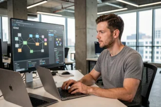 Ingénieur réseau consultant un schéma de connexion Edge sur un écran d'ordinateur dans un bureau moderne