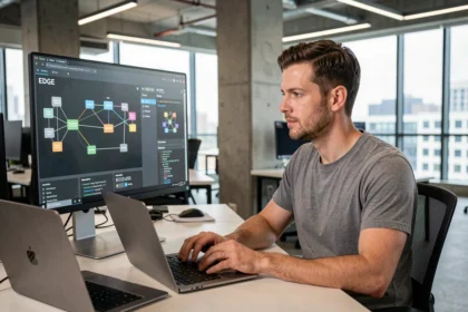 Ingénieur réseau consultant un schéma de connexion Edge sur un écran d'ordinateur dans un bureau moderne