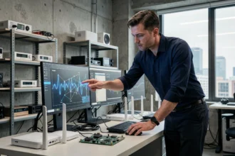 Ingénieur analysant des technologies réseau sans fil de nouvelle génération dans un laboratoire technologique moderne