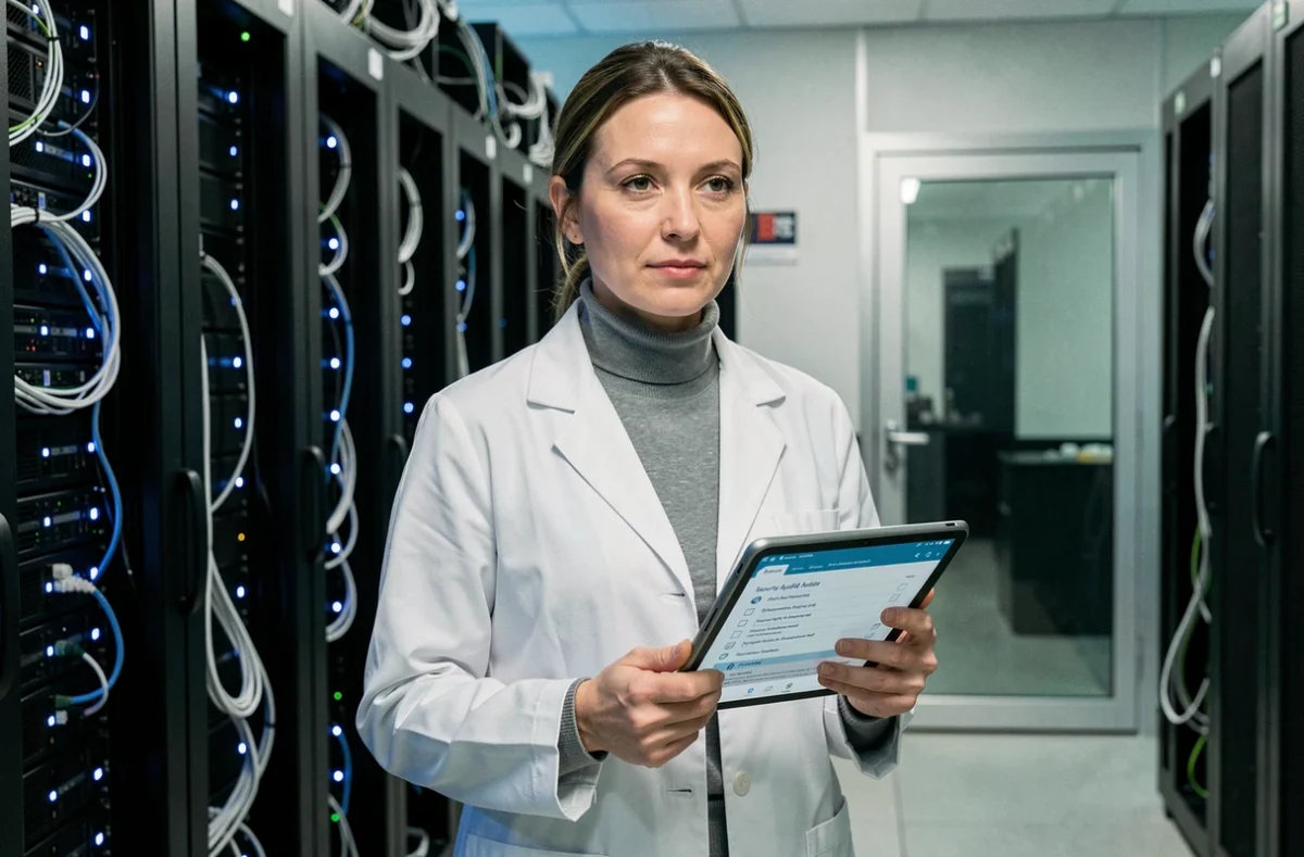 Femme ingénieure en sécurité effectuant un audit dans une salle de serveurs professionnelle