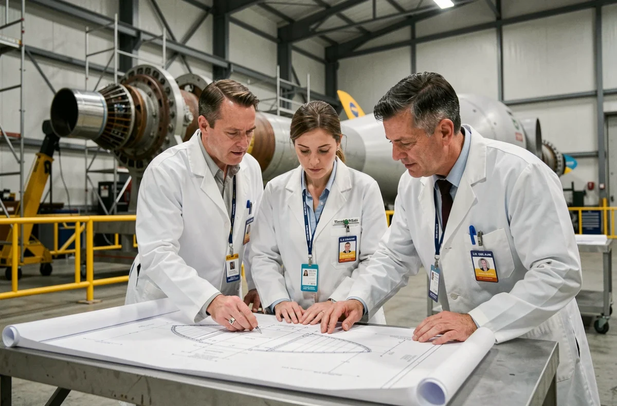 Ingénieurs aérospatiaux étudiant les plans techniques d'Ariane 5 dans un hangar industriel