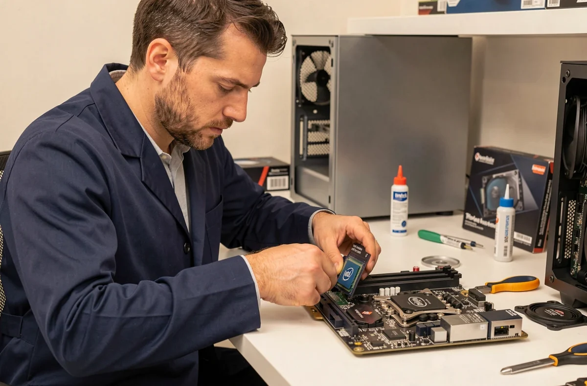 Technicien installant un processeur Intel sur une carte mère dans un atelier informatique professionnel