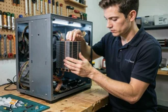 Technicien installant un ventirad tour sur un processeur dans un PC ouvert posé sur un établi en bois