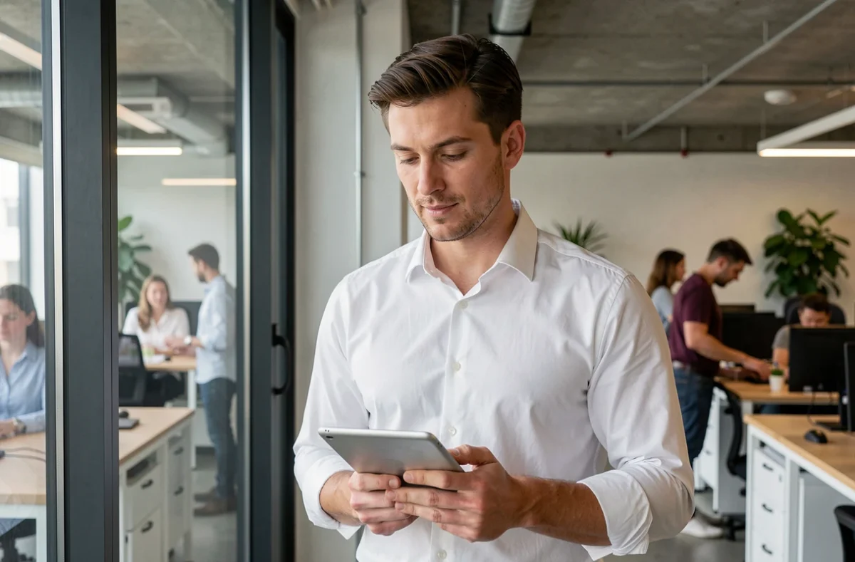 Homme professionnel accédant à internet sans box dans un espace de coworking avec une tablette