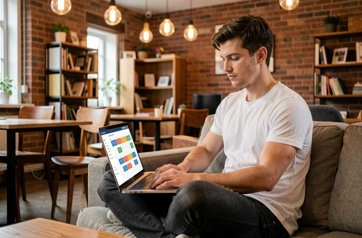 Jeune développeur utilisant une plateforme low code sur un ordinateur portable dans un espace de coworking
