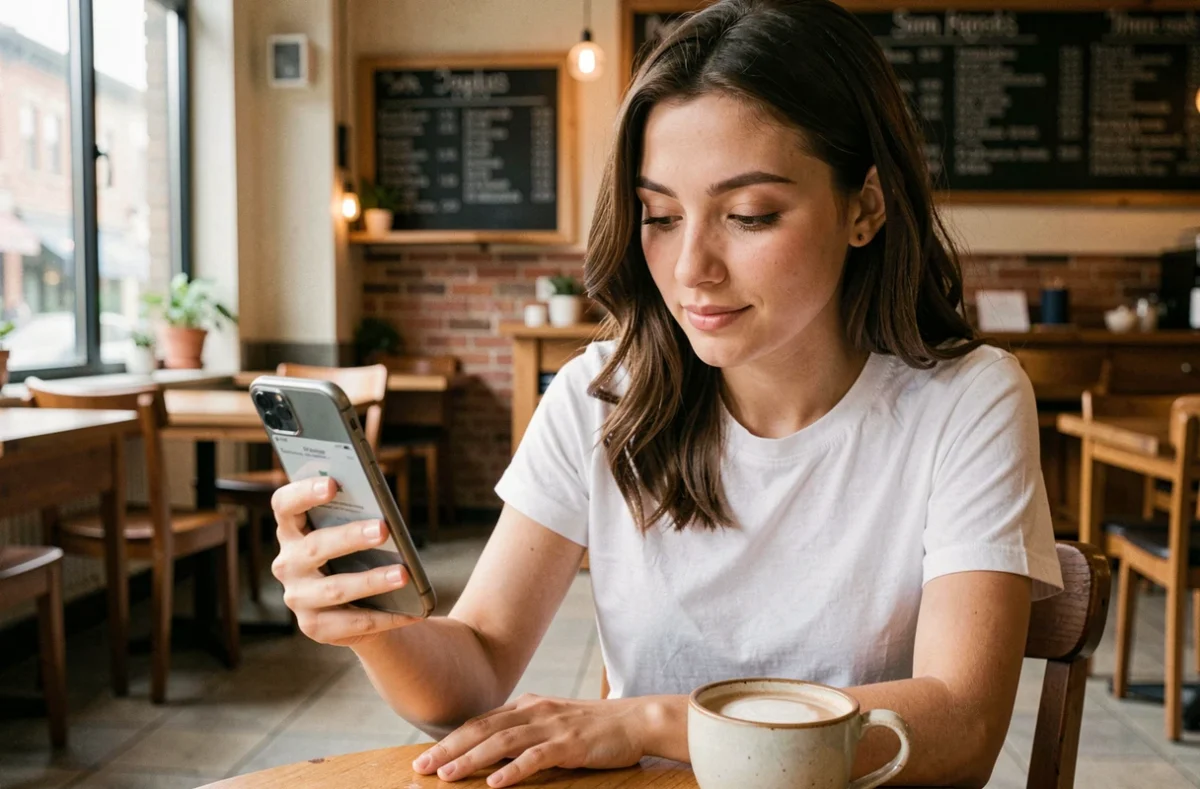 Jeune femme lisant une newsletter par e-mail sur son smartphone dans un café, illustration de la réception d'un e-mailing