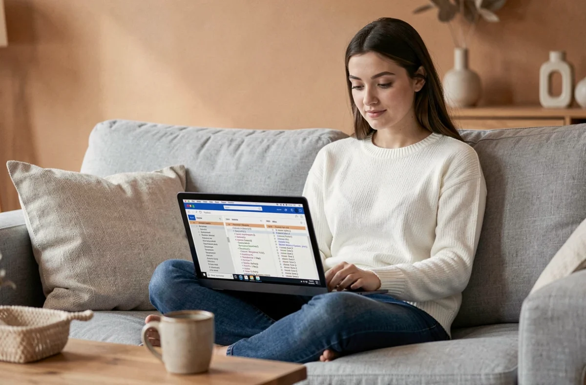 Jeune femme travaillant sur un tableau à 3 colonnes sur son ordinateur portable dans un salon