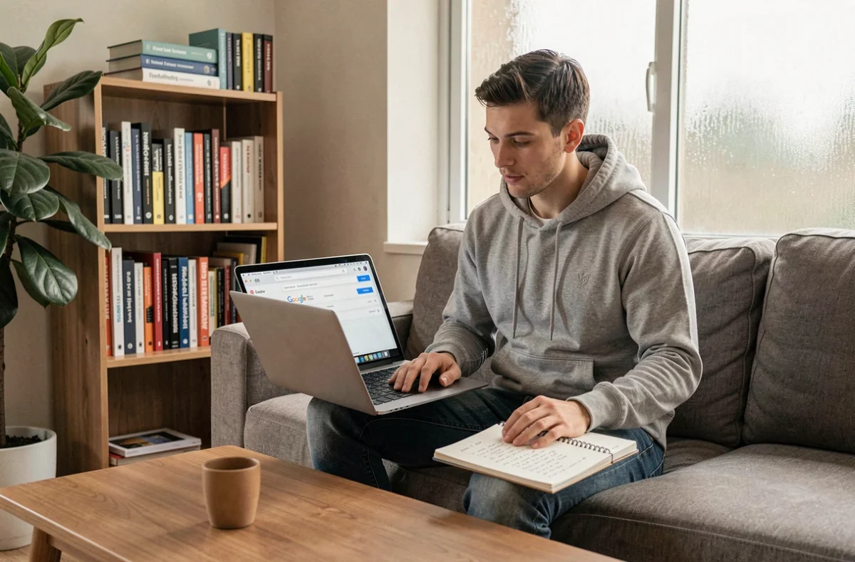 Un jeune homme apprend le SEO depuis son bureau à domicile en consultant des rapports Google Search Console sur son ordinateur portable avec des notes manuscrites sur le référencement