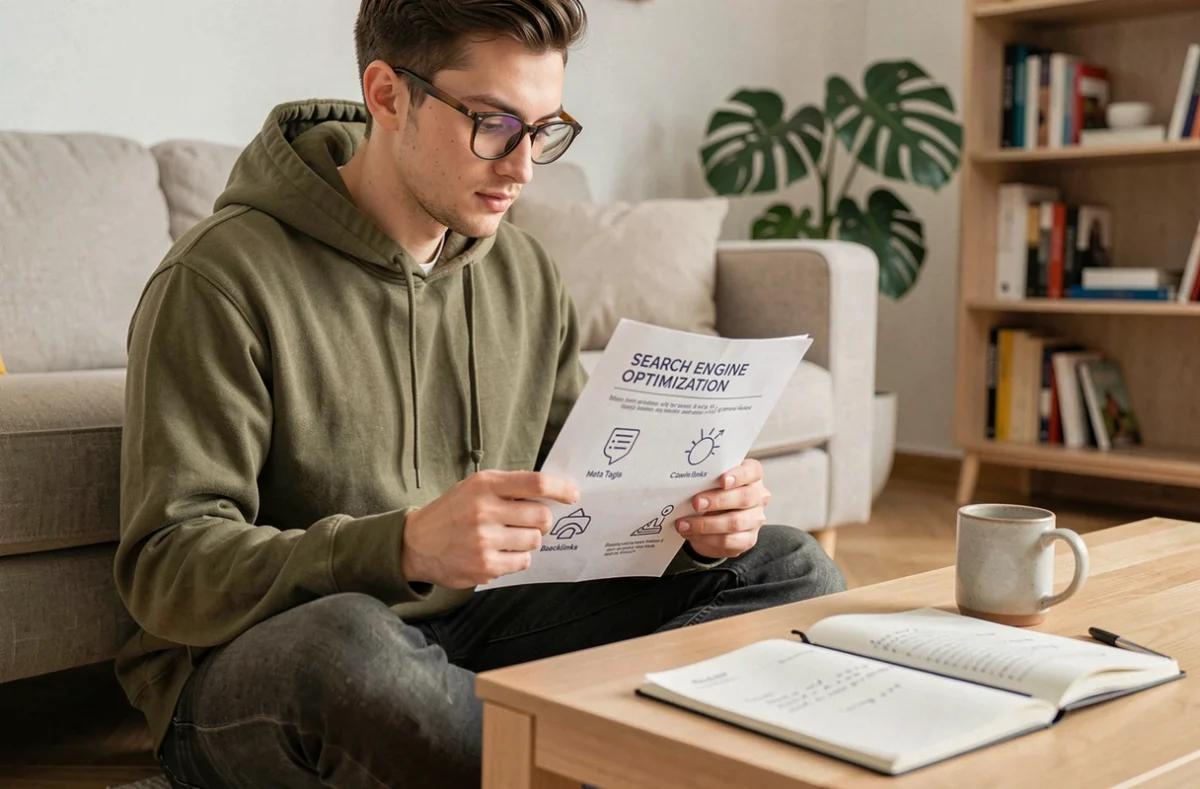 Jeune homme lisant une infographie explicative sur le référencement SEO dans un appartement moderne