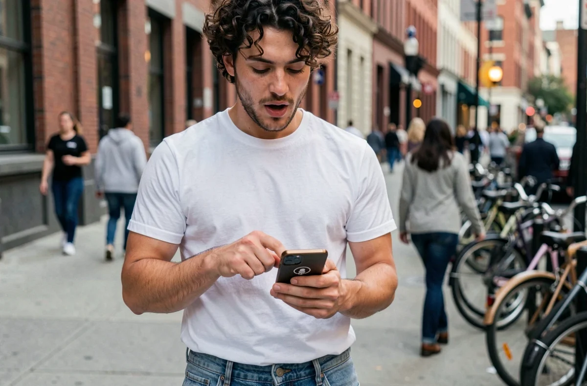 Jeune homme activant la recherche vocale sur son téléphone dans une rue de ville