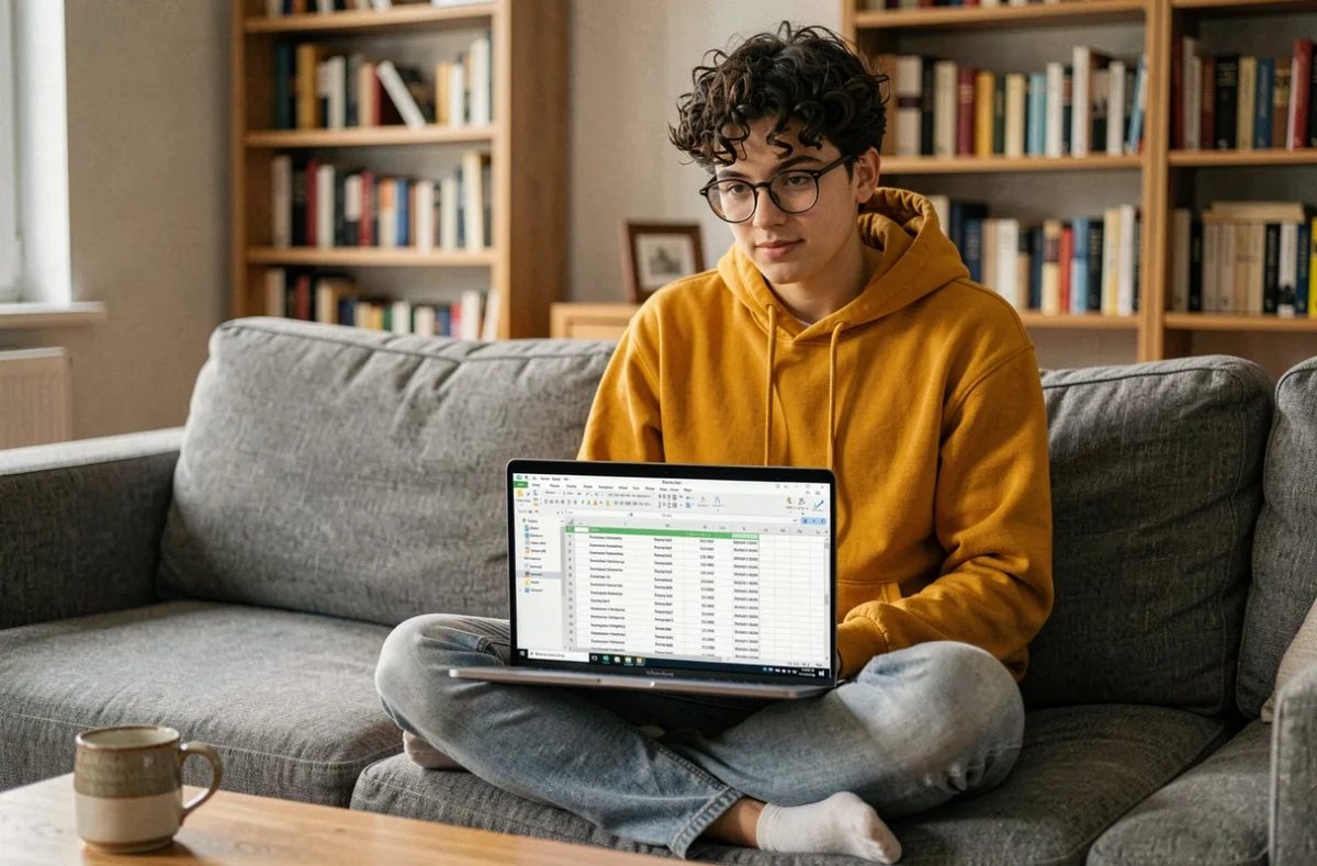 Jeune personne ouvrant un fichier Excel dans LibreOffice sur un ordinateur portable depuis son canapé