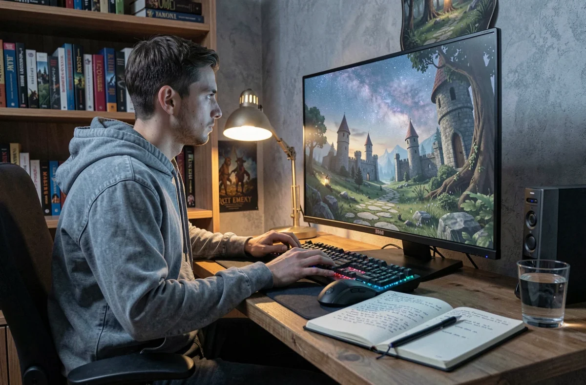 Joueur adulte concentré sur Hogwarts Legacy devant son PC gaming dans une chambre décorée sur le thème de la magie