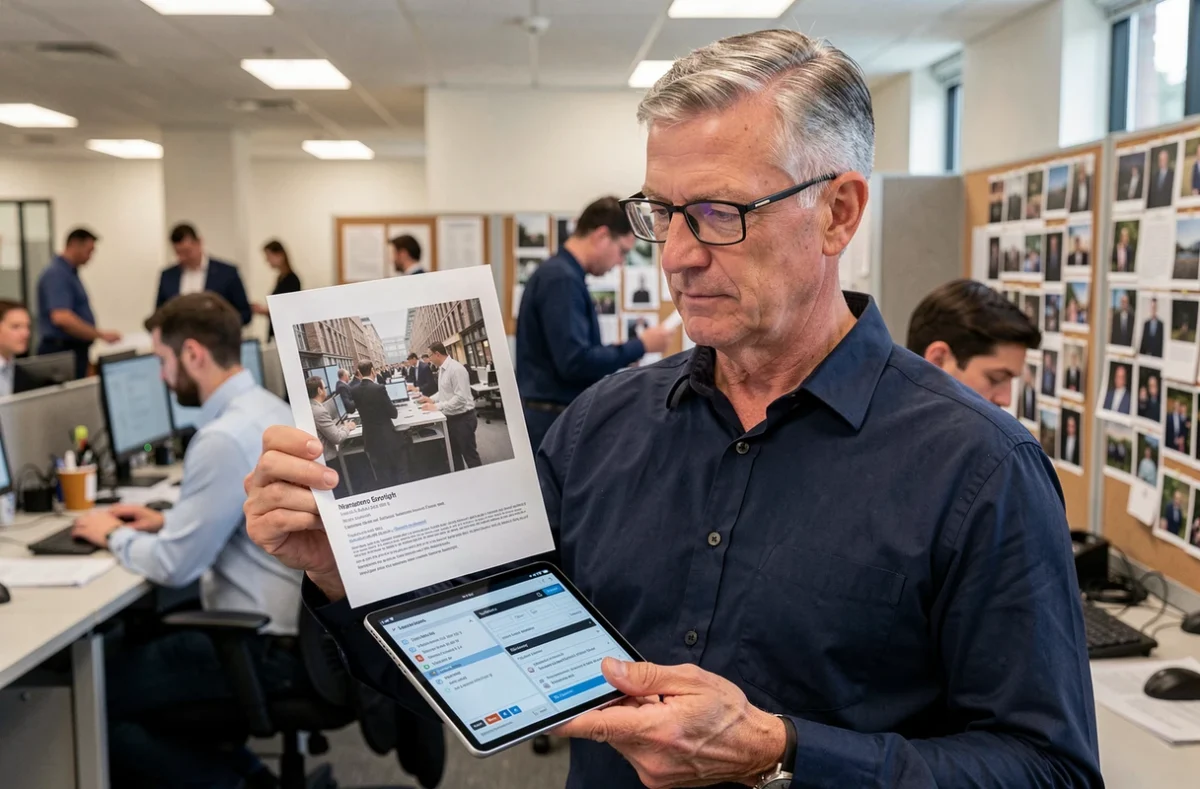 Journaliste comparant une photographie imprimée et sa version numérique pour détecter une manipulation