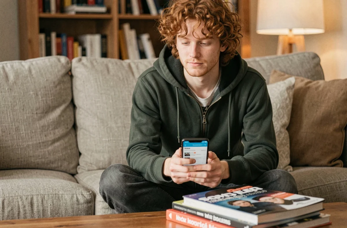 Un jeune professionnel lisant des articles via un lecteur de flux RSS sur son smartphone dans un salon