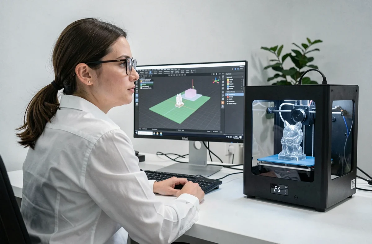 Femme utilisant un logiciel de découpe 3D pour paramétrer son imprimante résine sur un bureau moderne et organisé