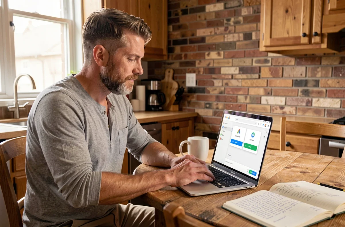 Un homme arrête une campagne Google Ads depuis son ordinateur portable à domicile