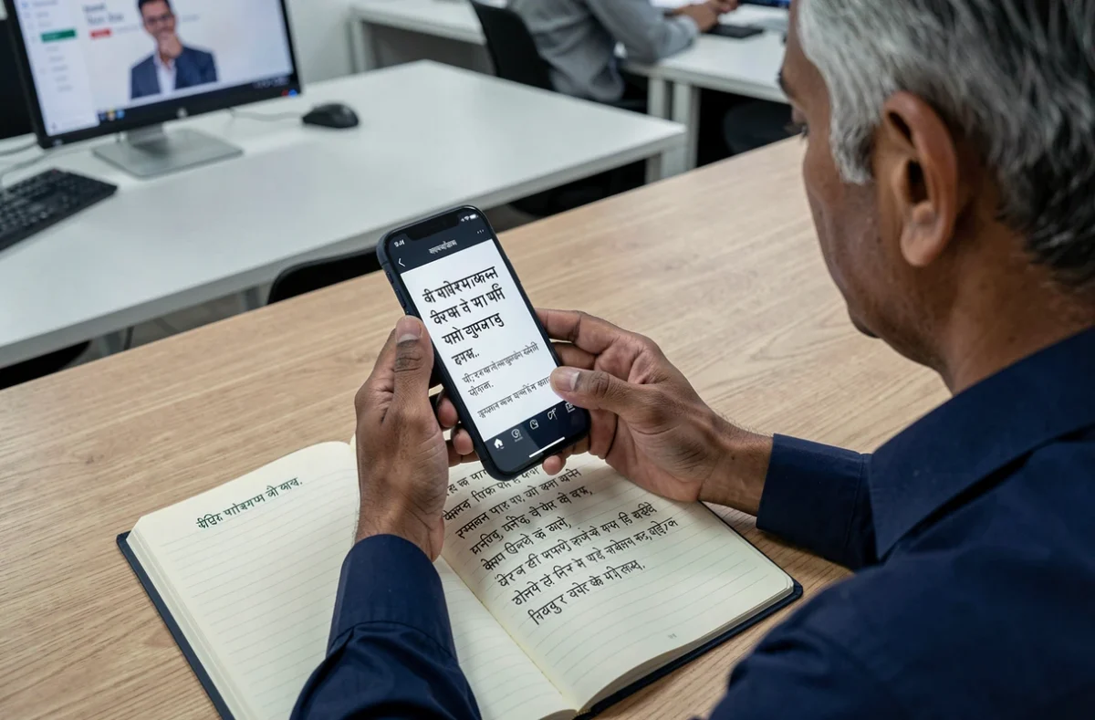Homme numérisant une page manuscrite en hindi avec une application OCR sur smartphone