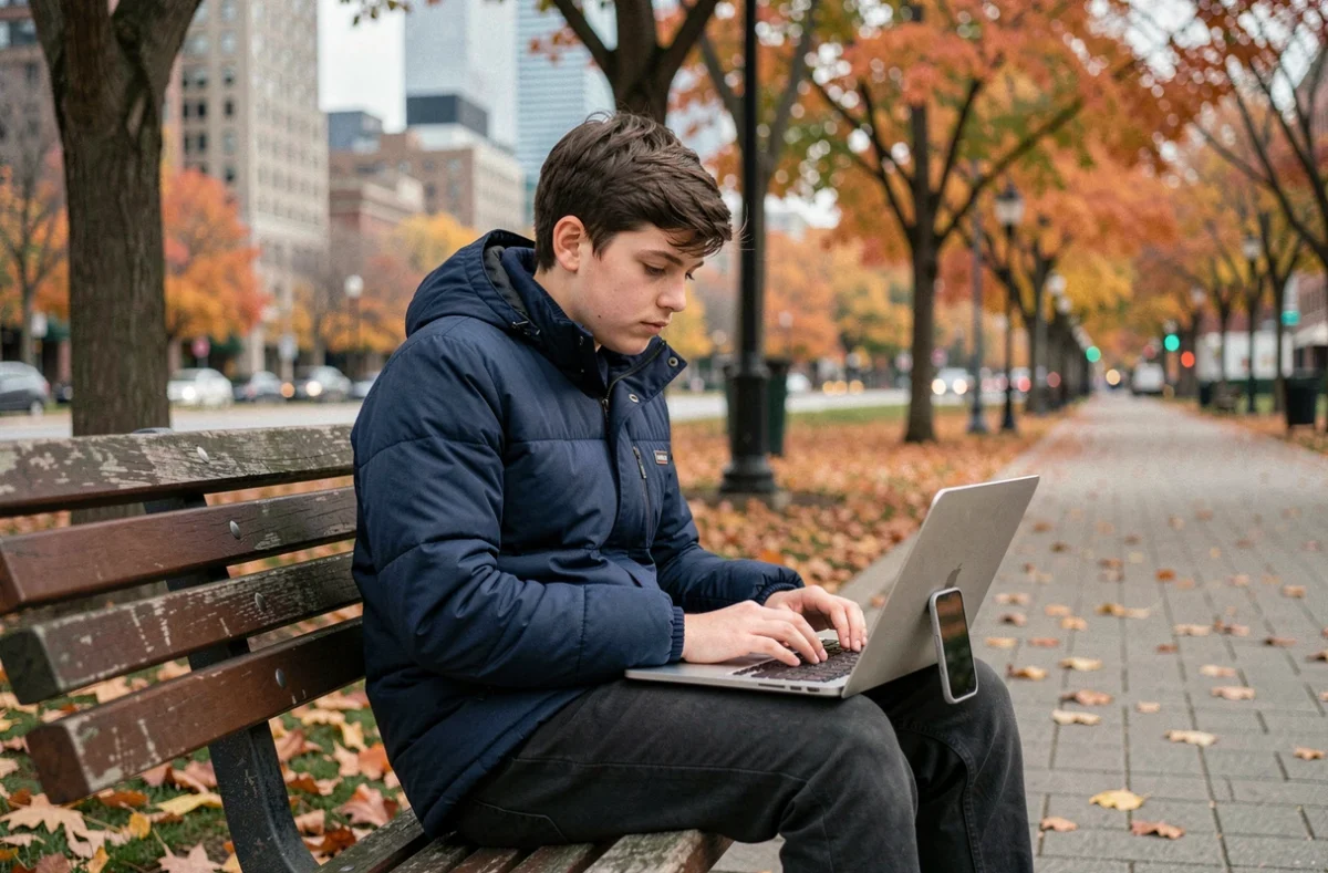 Adolescent utilisant un partage de connexion mobile comme point d'accès internet gratuit dans un parc urbain