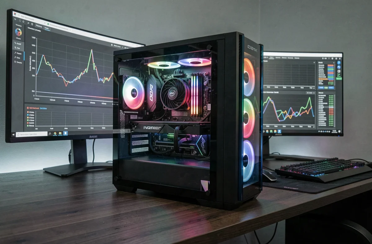 PC gaming haut de gamme équipé d'un processeur Intel puissant avec panneau en verre trempé ouvert sur un bureau moderne