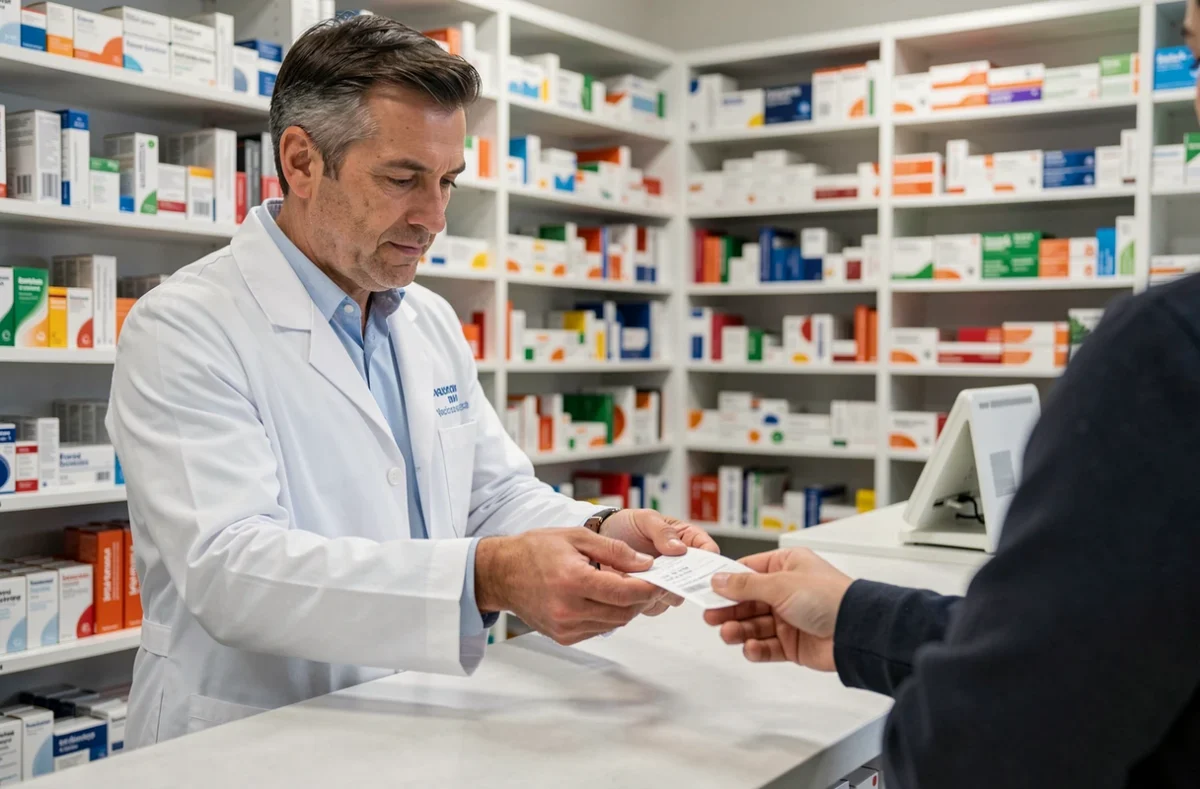 Pharmacien remettant un reçu à un patient illustrant le concept de reste à charge en pharmacie