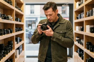 Photographe professionnel tenant un objectif 50mm polyvalent dans une boutique photo
