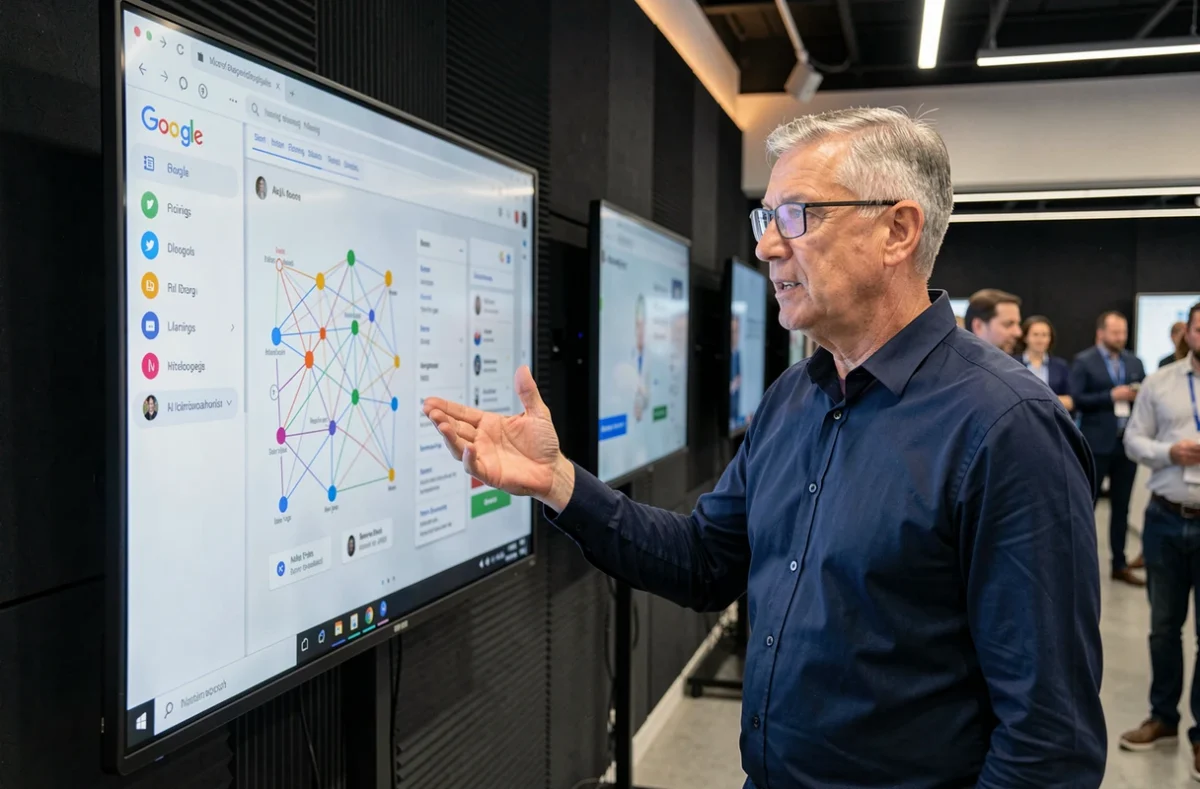 Homme présentant la nouvelle intelligence artificielle Gemini de Google sur un écran interactif lors d'une conférence technologique