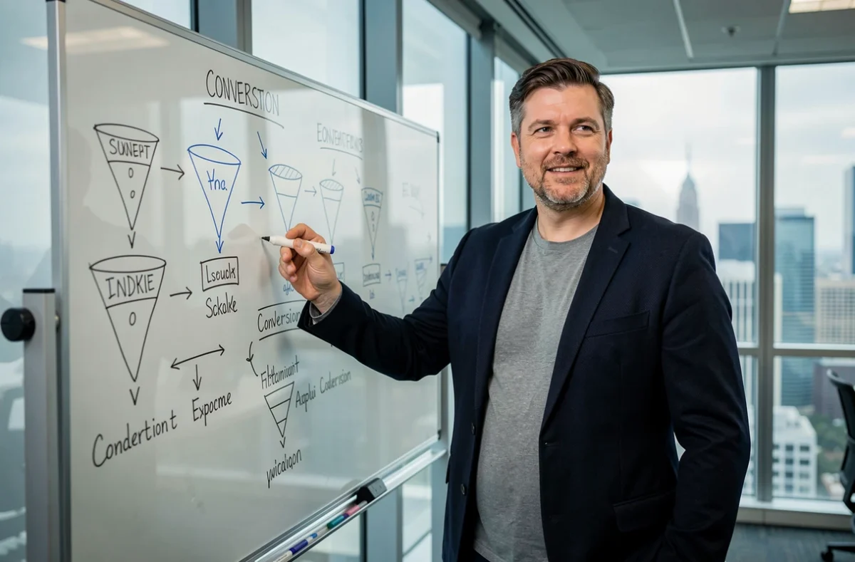 Manager expliquant les différents types de conversion sur un tableau blanc en salle de réunion