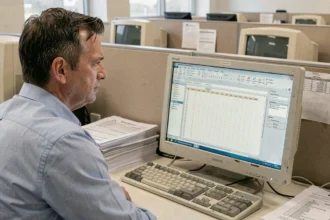 Professionnel informatique frustré devant une interface Microsoft Access sur un ancien ordinateur de bureau en entreprise