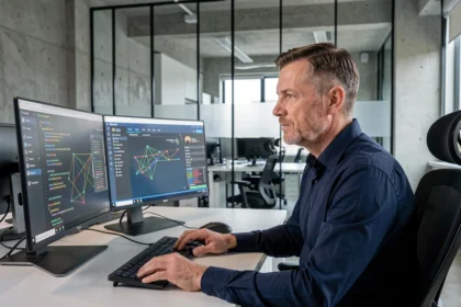Professionnel de la sécurité informatique analysant des données sur plusieurs écrans dans un bureau moderne