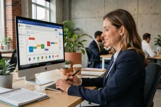 Une professionnelle analyse un tableau de bord CRM sur un écran dans un bureau moderne, illustrant les modèles de gestion de la relation client