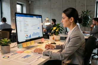 Une professionnelle du marketing digital analyse des données SEO sur un écran d'ordinateur dans un bureau moderne, illustrant l'avenir du référencement naturel