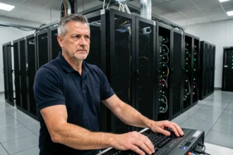 Ingénieur informatique devant des serveurs dans un centre de données illustrant la propriété des nœuds blockchain