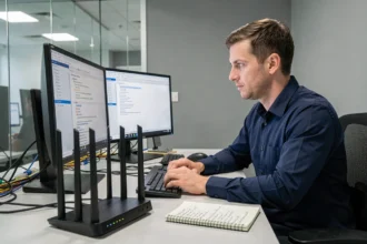 Technicien informatique configurant un routeur Wi-Fi sécurisé dans un bureau moderne avec double écran