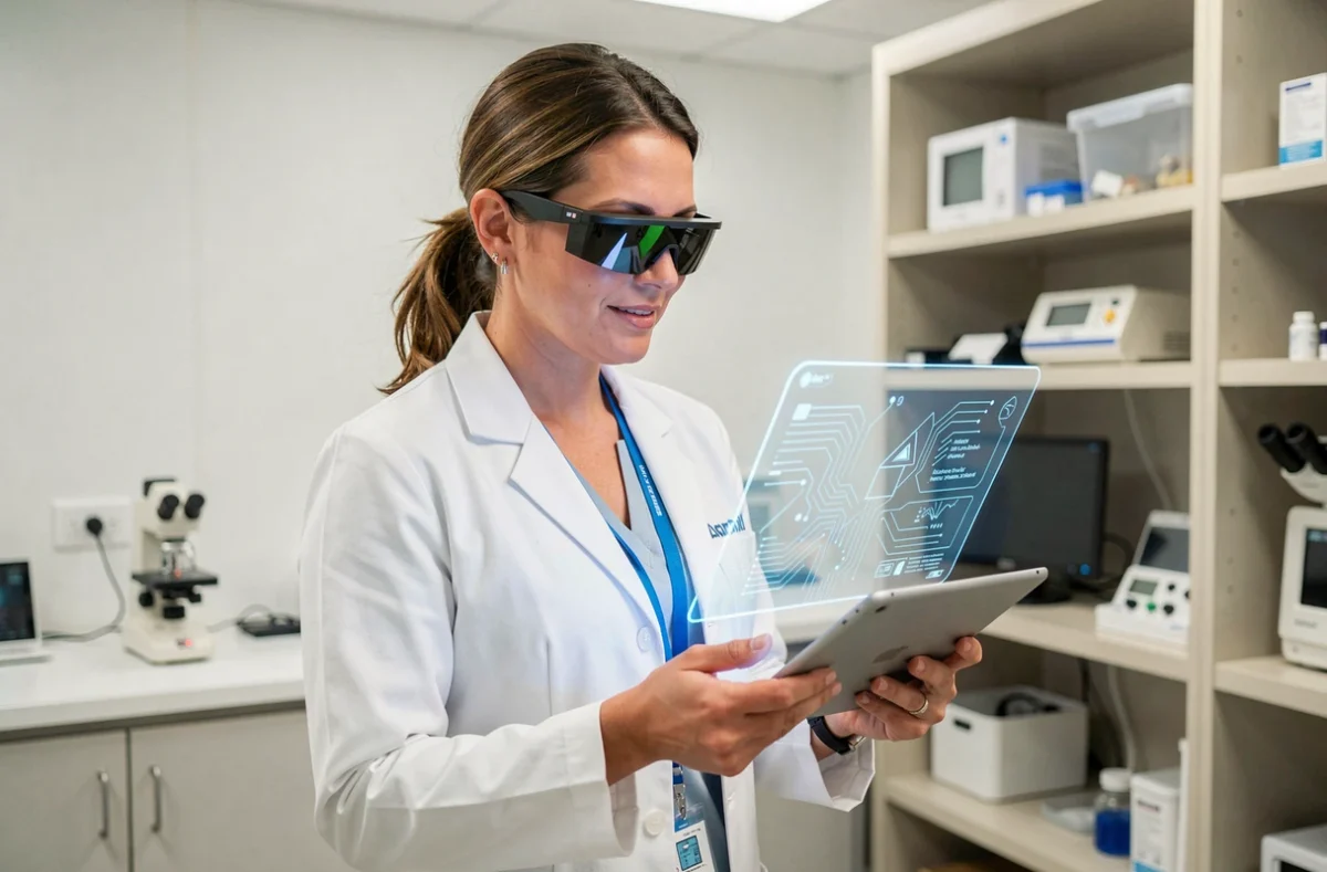 Femme en blouse blanche utilisant des lunettes de réalité augmentée dans un laboratoire médical moderne