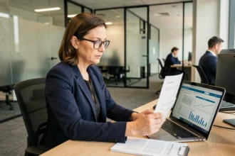 Responsable conformité RGPD analysant des documents de protection des données dans un bureau professionnel moderne