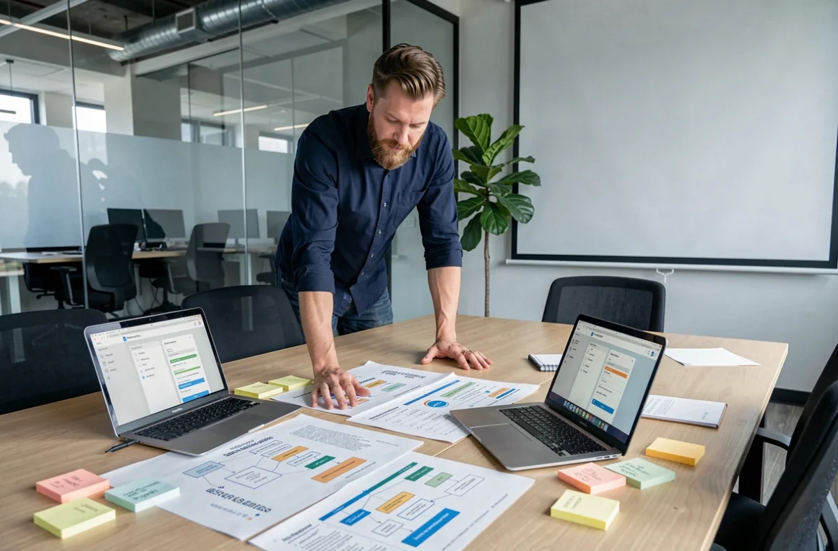 Professionnel analysant des diagrammes de workflow low code lors d'une réunion d'équipe