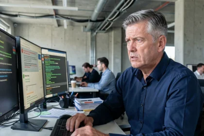 Responsable informatique inquiet face à une alerte de fuite de données sur ses écrans de bureau, illustrant les risques de sécurité du cloud