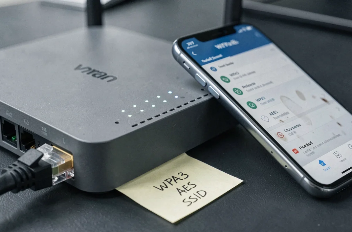 Routeur Wi-Fi moderne affichant les paramètres de sécurité WPA3 sur un smartphone posé à côté