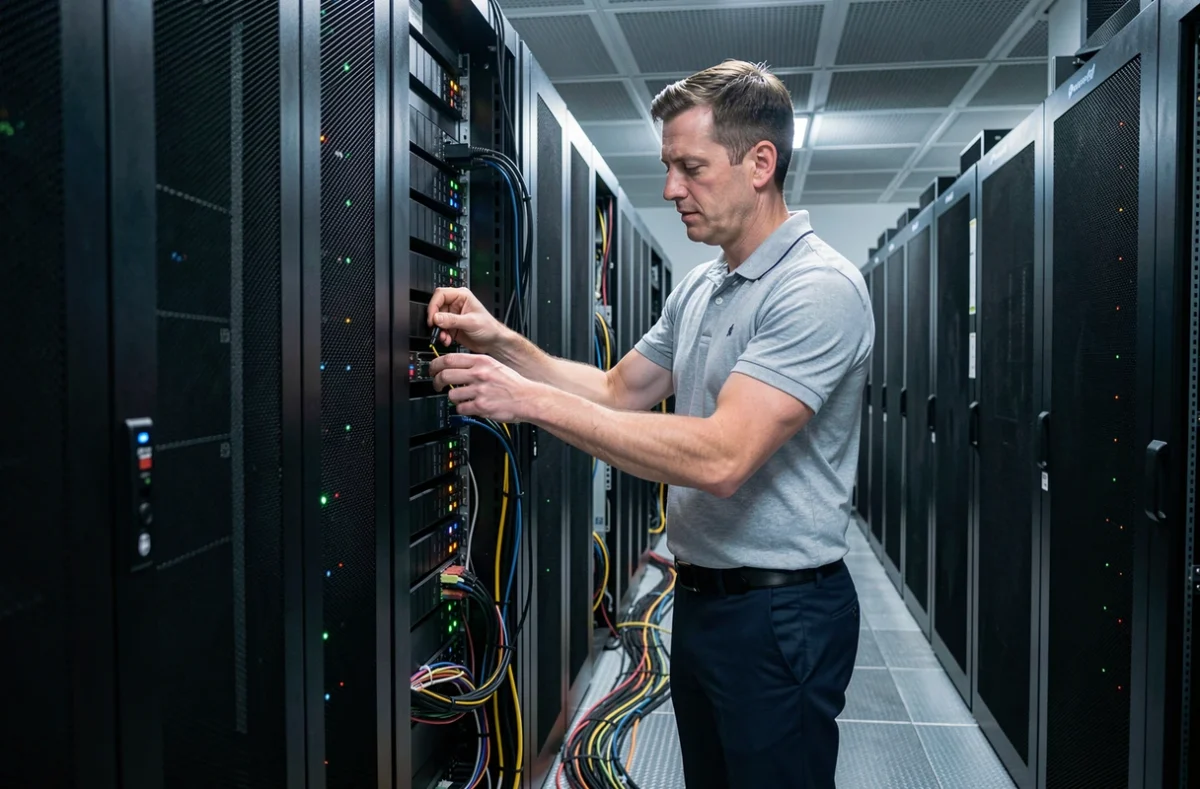 Technicien informatique installant un disque dur dans une salle de serveurs professionnelle sécurisée