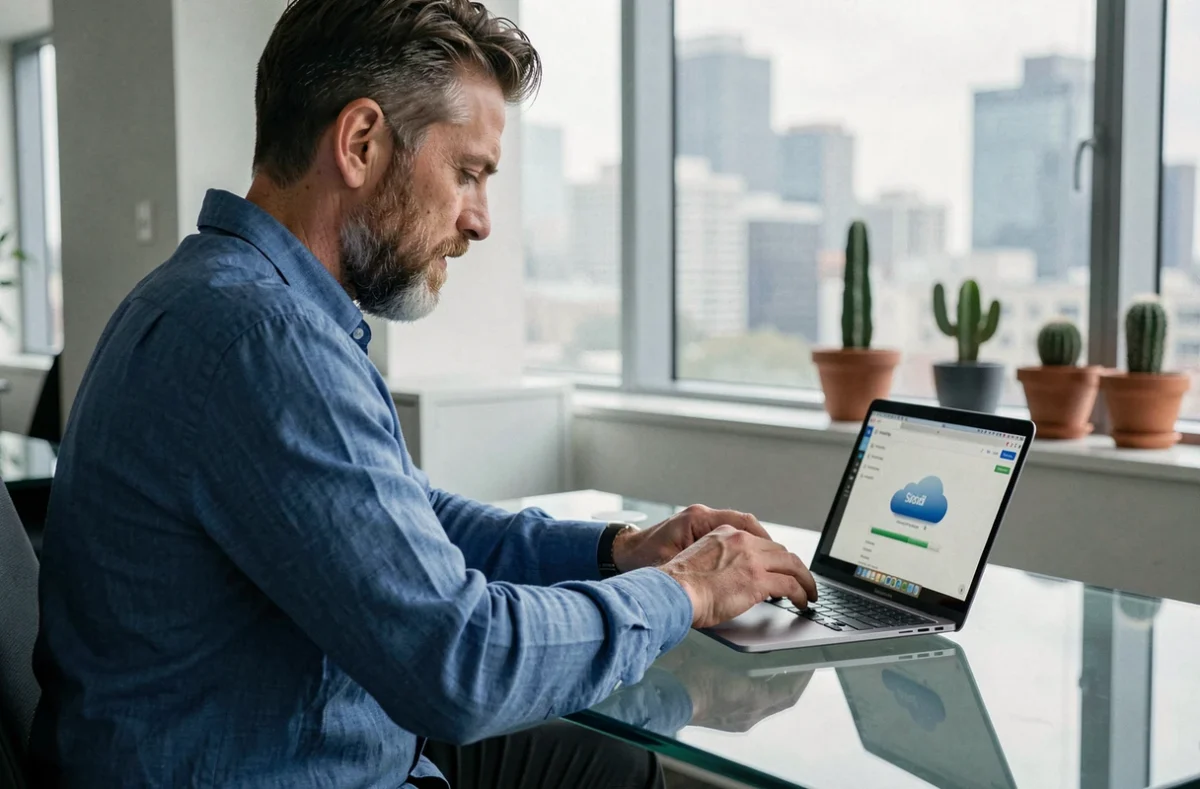 Homme utilisant un service de sauvegarde cloud sur un ordinateur portable dans un bureau moderne