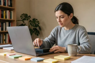 Femme connectant un disque dur externe à un ordinateur portable pour une sauvegarde locale de données