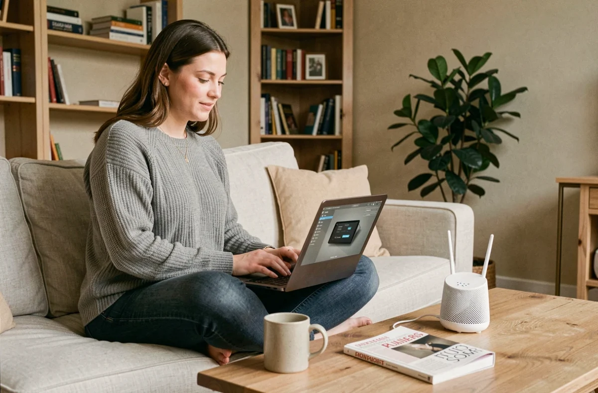 Femme configurant la sécurité de son réseau Wi-Fi à domicile sur un ordinateur portable
