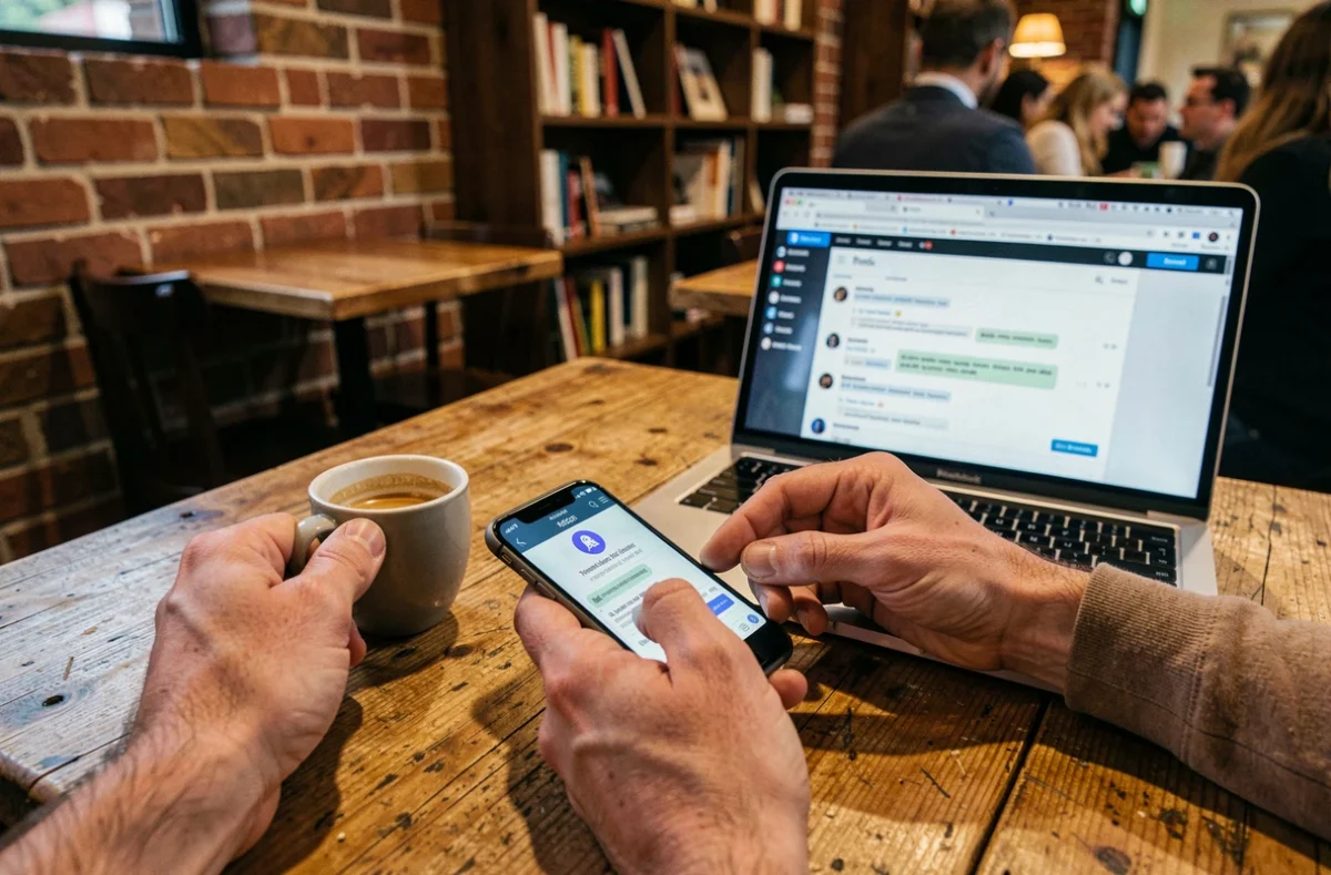 Des mains tenant un smartphone affichant un moteur de recherche avec intelligence artificielle dans un café, symbolisant la transformation du SEO face aux nouvelles technologies