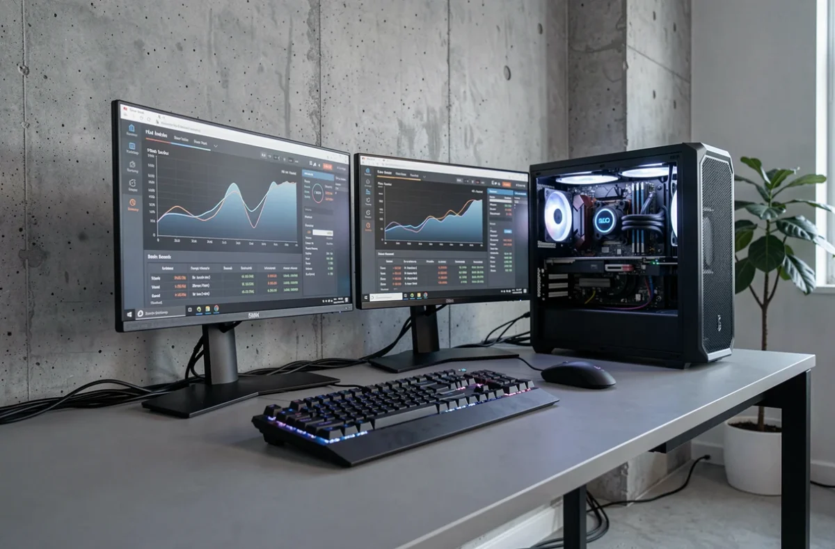 Setup gaming double écran avec données de benchmark GPU pour résolution 1440p à 165 Hz sans personne