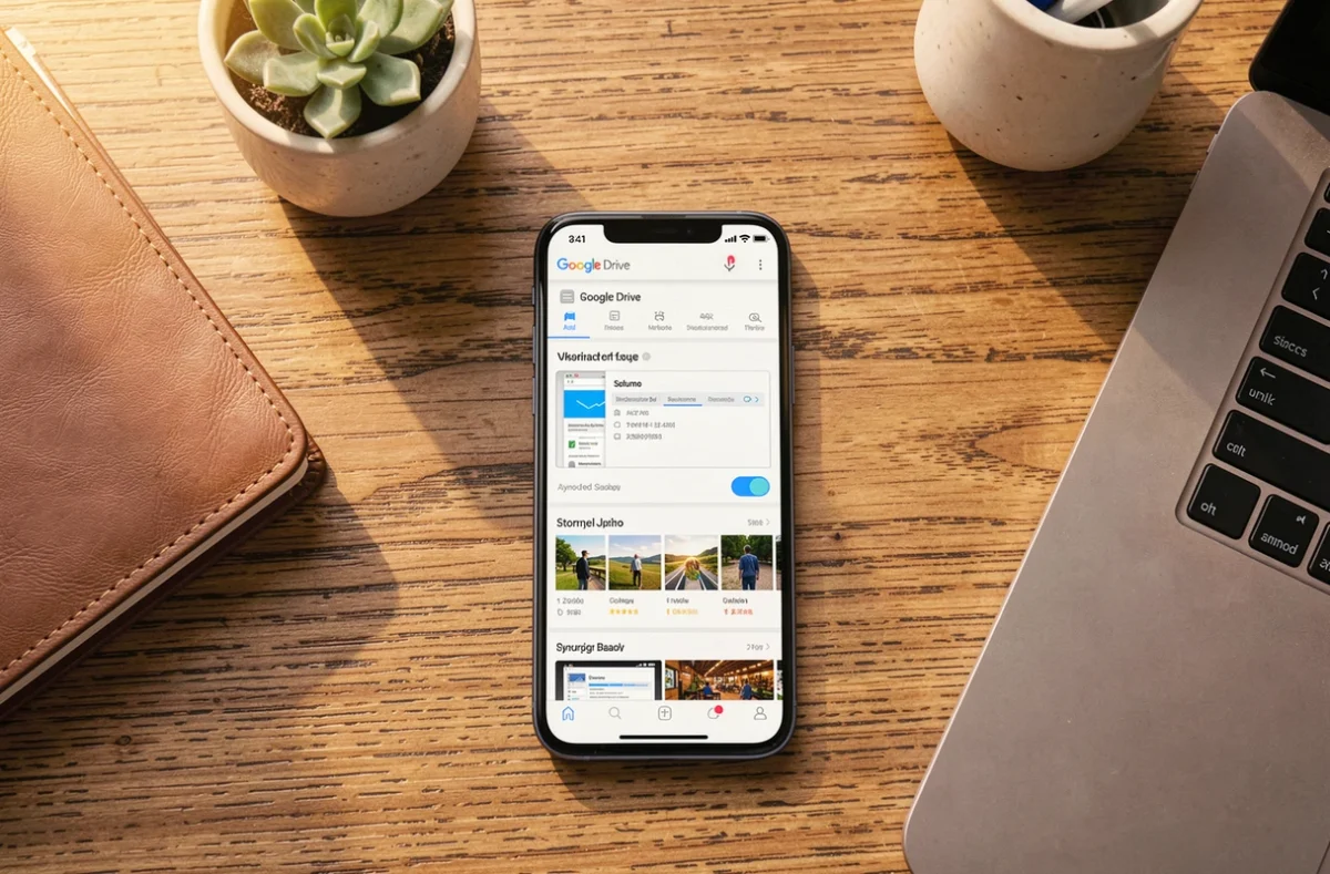 Smartphone affichant l'application Google Drive posé sur un bureau en bois avec un ordinateur portable