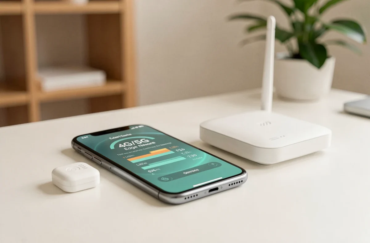 Smartphone affichant la connexion Edge avec un routeur et un capteur IoT sur un bureau minimaliste