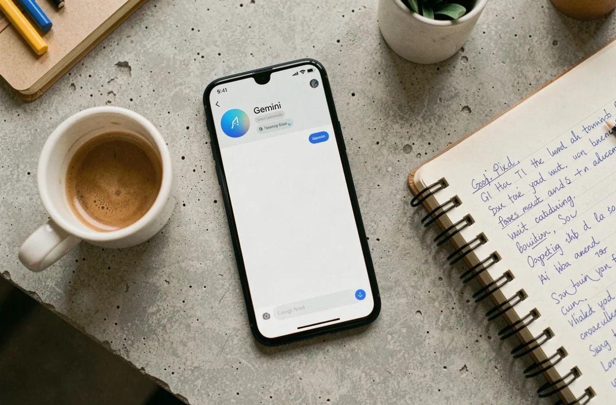 Smartphone affichant l'interface de l'IA Gemini de Google posé sur une table de café avec un carnet de notes